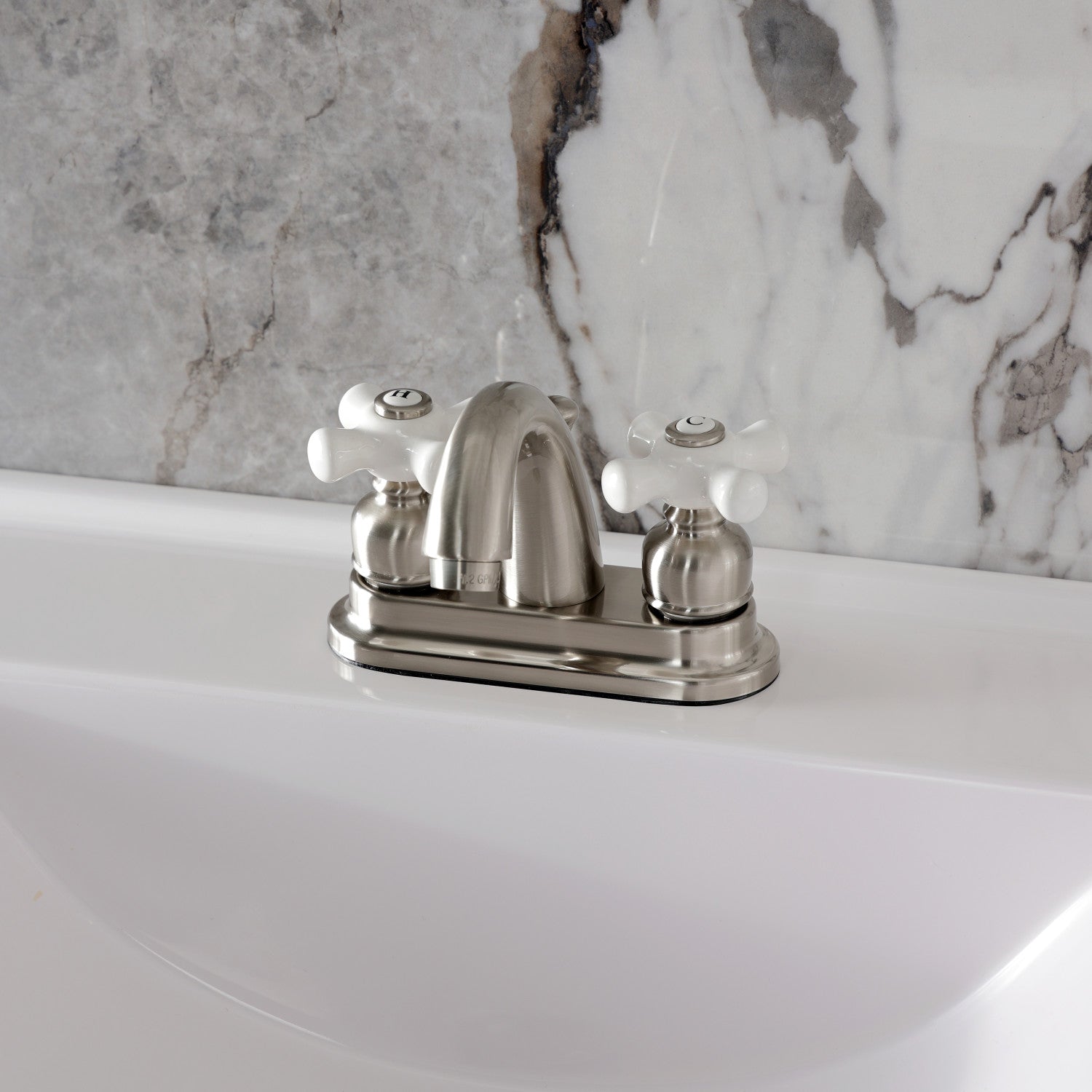 Kingston Heirloom KB5618PX - Restoration Double-Handle 3-Hole Deck Mount 4-Inch Centerset Bathroom Faucet with Pop-Up Drain, Brushed Nickel — thumbnail 2